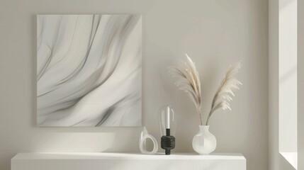 A white room adorned with a painting and vases, showcasing a blend of artistry and minimalism in interior design