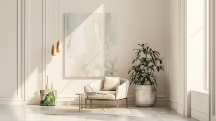 A modern living room featuring a chair and a plant as the main elements - obrazy, fototapety, plakaty