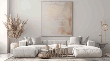 A modern living room featuring a prominent painting hanging on the wall, creating a focal point in the space