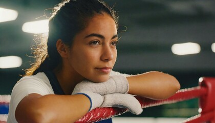 Thoughtful female boxer leaning on boxing ring ropes. cinematic low light  - Powered by Adobe