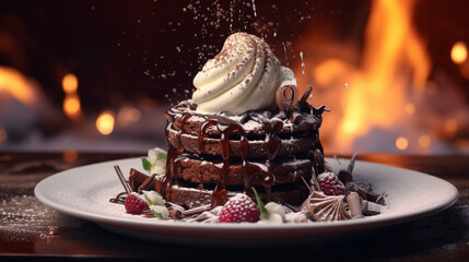 A  shot of a dessert masterpiece, featuring a decadent chocolate cake with a molten center, dusted...