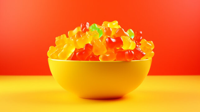 A  picture of a vibrant bowl of gummy bears and candies on a cheerful yellow background, perfect for candy ads.