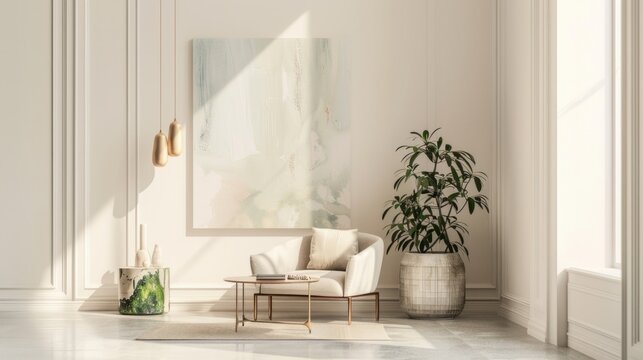 A modern living room featuring a chair and a plant as the main elements