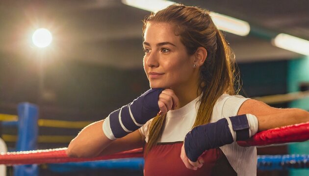 Thoughtful female boxer leaning on boxing ring ropes. cinematic low light 