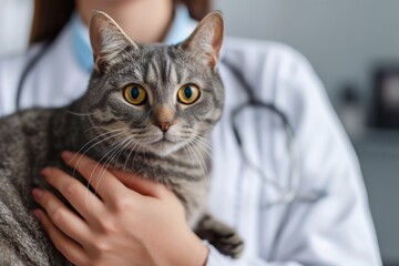 Close-up portrait of cute cat in the hands of a veterinarian. Concept of animal treatment, pet care, banner with copyspace
