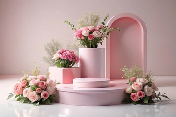3D Spring Table Beauty Stand: Garden Rose Floral Summer Background Podium for Cosmetic Display, Perfect for Valentine's, Easter, and Romantic Gifts in Pink and Purple