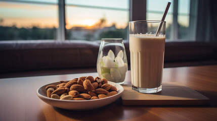 A  view of a fitness enthusiast's post-workout snack, including a protein shake and a handful of...