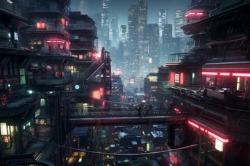 Aerial shot capturing the chaotic beauty of a cyberpunk city's bustling streets