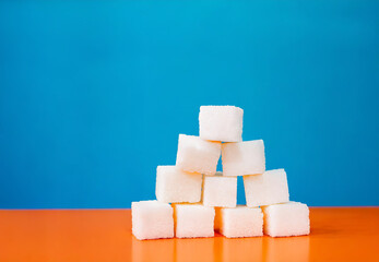 Pile de carrés de sucre en pyramide, fond bleuté support orange