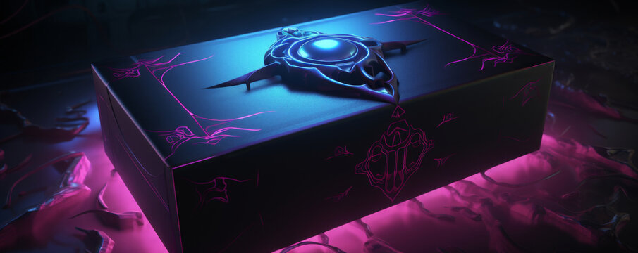 A gift box with demonic symbols and dark colors, sci-fi, Close-up, cinematic