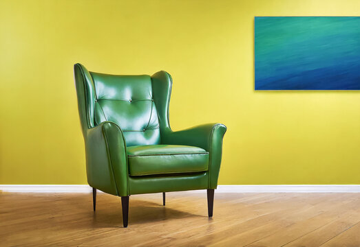 pi&egrave;ce sans meubles, mur jaune, parquet et un joli fauteuil vintage en cuir vert, un tableau bleu accroch&eacute; au mur, design &eacute;l&eacute;gant &eacute;pur&eacute;