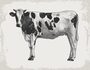 Retro style hand drawn illustration of a cow with detailed line art on a textured background