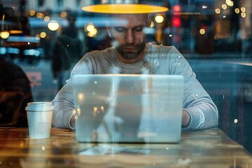 person in cafe, man working in a restaurant, hands on keyboard, motion, fast, timelapse, close up
