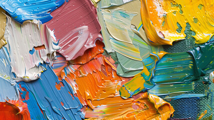 Close-up of abstract colorful bold rainbow colors explosive texture painting, with oil brushstroke,...