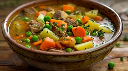 A heartwarming bowl of homemade vegetable stew, brimming with an assortment of fresh, colorful vegetables and tender chunks of meat, simmered to perfection.