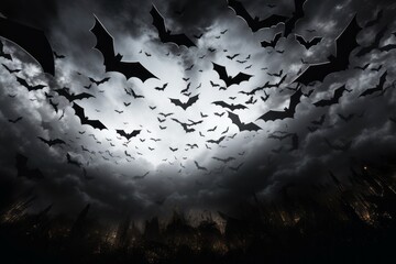 Group of bats flying through a cloudy sky