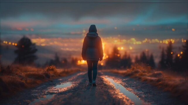 Silhouetted Woman Walking Along the Shoreline in Winter.Seamless looping 4k timelapse virtual video animation background generated AI 