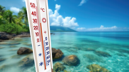 The thermometer against the background of the sea shows 30 degrees - obrazy, fototapety, plakaty