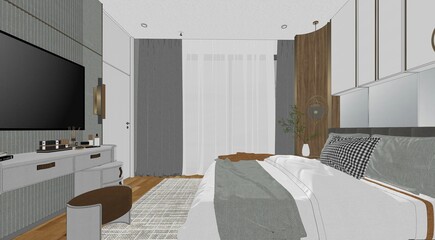 3d rendering of the modern bedroom bedroom has curved wooden walls, a wooden floor, a double bed on a gray carpet, two bedside tables with books and plants, and a large window.