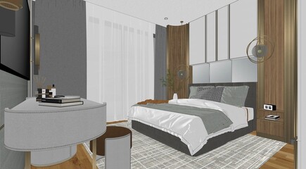 3d rendering of the modern bedroom bedroom has curved wooden walls, a wooden floor, a double bed on a gray carpet, two bedside tables with books and plants, and a large window.