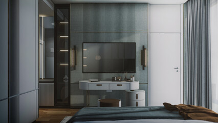 3d rendering of the modern bedroom bedroom has curved wooden walls, a wooden floor, a double bed on a gray carpet, two bedside tables with books and plants, and a large window.