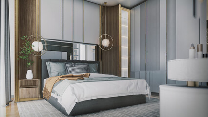 3d rendering of the modern bedroom bedroom has curved wooden walls, a wooden floor, a double bed on a gray carpet, two bedside tables with books and plants, and a large window.