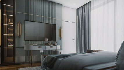 3d rendering of the modern bedroom bedroom has curved wooden walls, a wooden floor, a double bed on a gray carpet, two bedside tables with books and plants, and a large window.