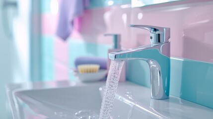 Close-up sink with faucet with running water in bright neon blue pink bathroom - obrazy, fototapety, plakaty