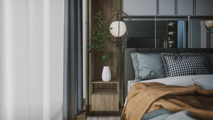 3d rendering of the modern bedroom bedroom has curved wooden walls, a wooden floor, a double bed on a gray carpet, two bedside tables with books and plants, and a large window.