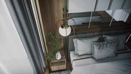 3d rendering of the modern bedroom bedroom has curved wooden walls, a wooden floor, a double bed on a gray carpet, two bedside tables with books and plants, and a large window.
