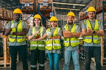Group of various national engineer professional successful team corporate workers standing in factory, teamwork technician inspector of manufacturing industry workplace, foreman occupation job - 763442436
