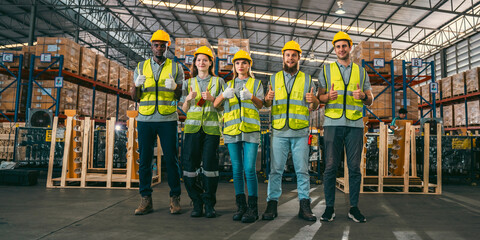 Group of various national engineer professional successful team corporate workers standing in factory, teamwork technician inspector of manufacturing industry workplace, foreman occupation job - 763442461