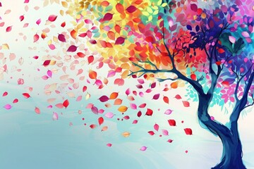 Colorful tree with leaves on hanging branches illustration background 3d abstraction wallpaper