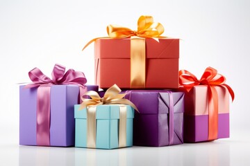 Colorful holiday gift boxes and bows neatly placed on a clean white background