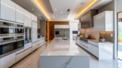 A deliberately blurred image showcasing a spacious, modern kitchen interior, ideal for background...