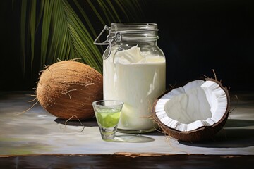 a coconut and a jar of milk