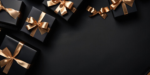 Top View of Elegant Black Gift Boxes with Stylish Bows Isolated on a Dark Background