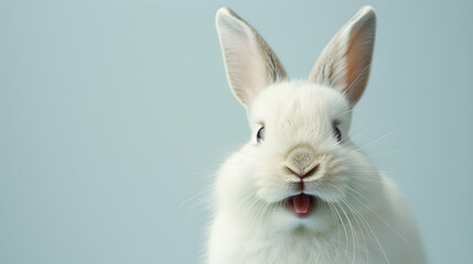 Obraz premium Cute white rabbit smiling and laughing, isolated with copy space for Easter background