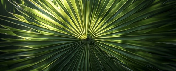 Detailed close up view of a single palm leaf, showcasing its intricate texture and pattern under bright natural sunlight