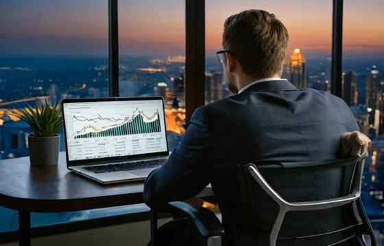 A  man sitting on chair at top floor of office and looking analytics report on laptop, man checking analytics on laptop 