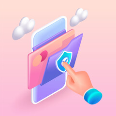 Trending 3D Isometric. Colorful cartoon illustration. Mobile application with credit card data. Reliable data protection. Vector icons for website
