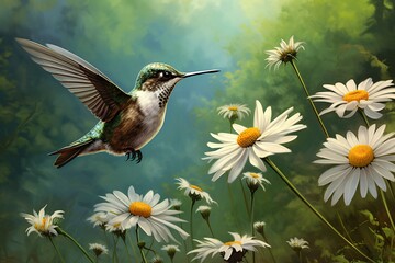 a hummingbird flying near flowers