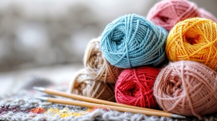 Skeins of wool yam and knitting needles - obrazy, fototapety, plakaty