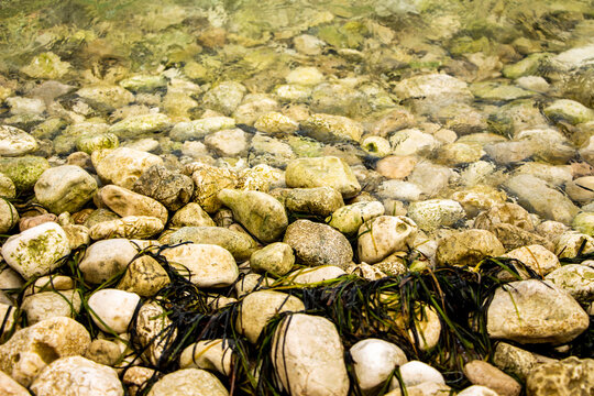 Smooth pebbles under water near the seashore