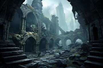 Enigmatic and mysterious wallpaper background with mist-covered ruins - obrazy, fototapety, plakaty