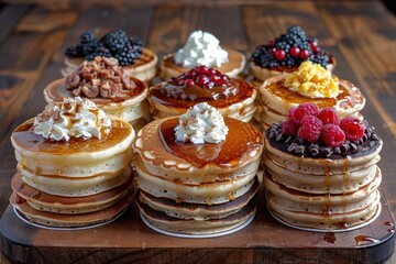 A stack of pancakes with toppings of fruit and whipped cream on a white plate - Powered by Adobe