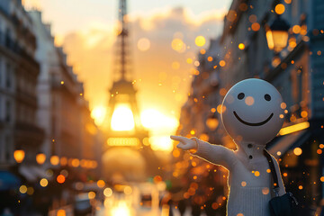 white figure with a smile on his face points with eiffel tower, Paris, France
