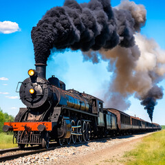 Fototapeta na wymiar The old locomotive smokes black smoke. Generative AI
