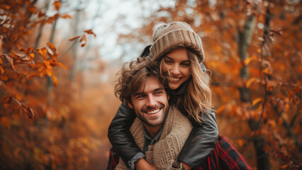 A happy couple attractive young couple taking a selfie in a forest at autumn time. 