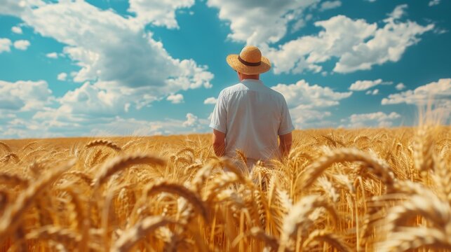 Man farmer stands in a golden wheat field, checking the progress of harvest.
